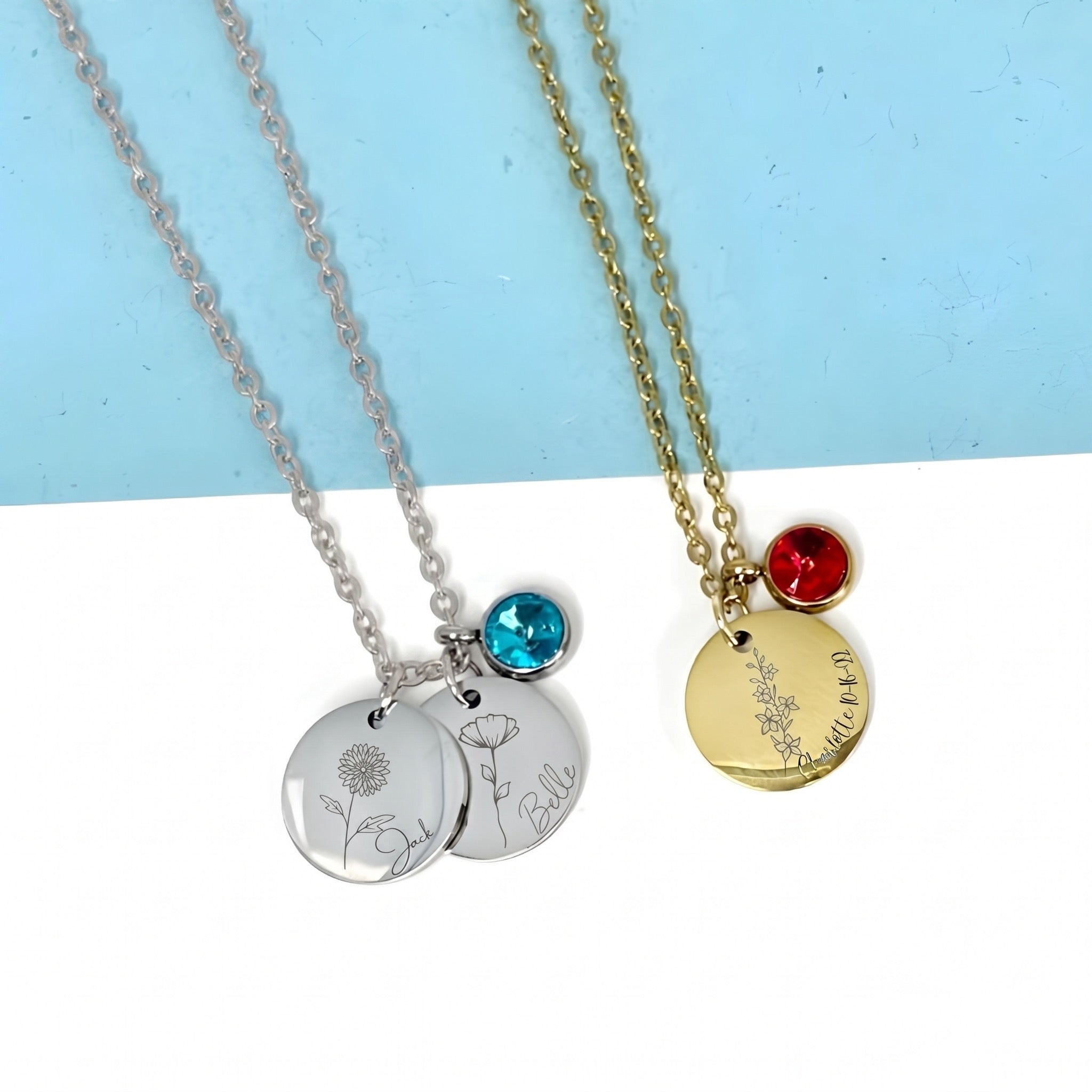 Birth Flower & Name Necklace with Birthstone