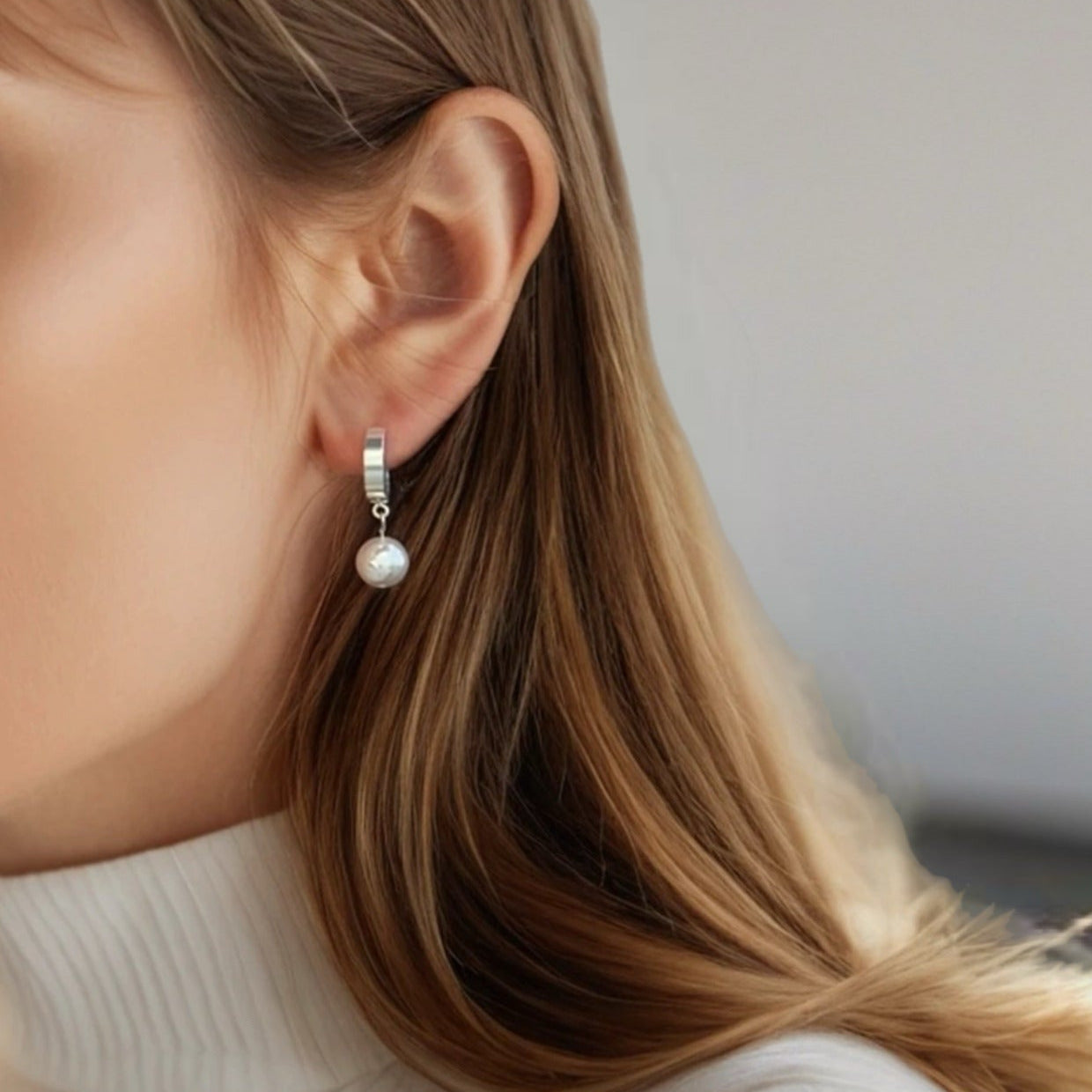 Stainless Steel Huggie Earrings with Pearl Charm