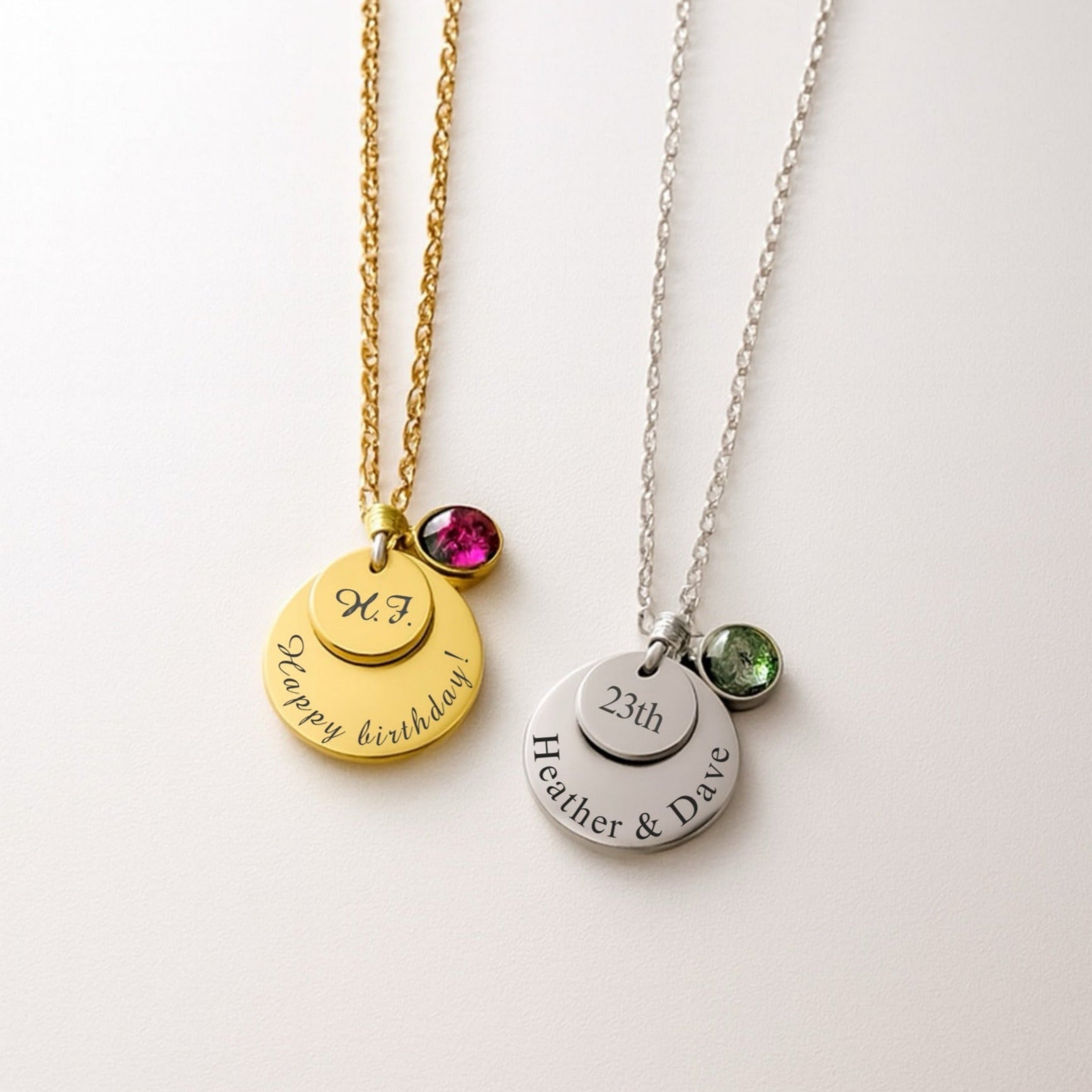 Engraved Double Disc Necklace with Birthstone