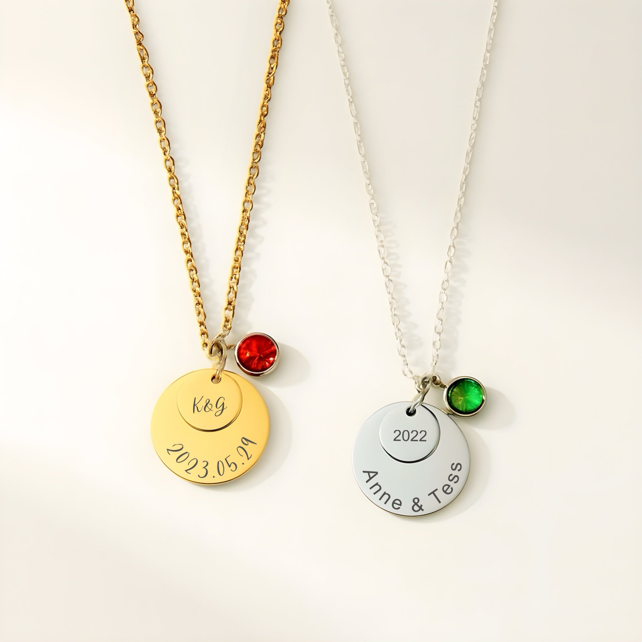 Engraved Double Disc Necklace with Birthstone