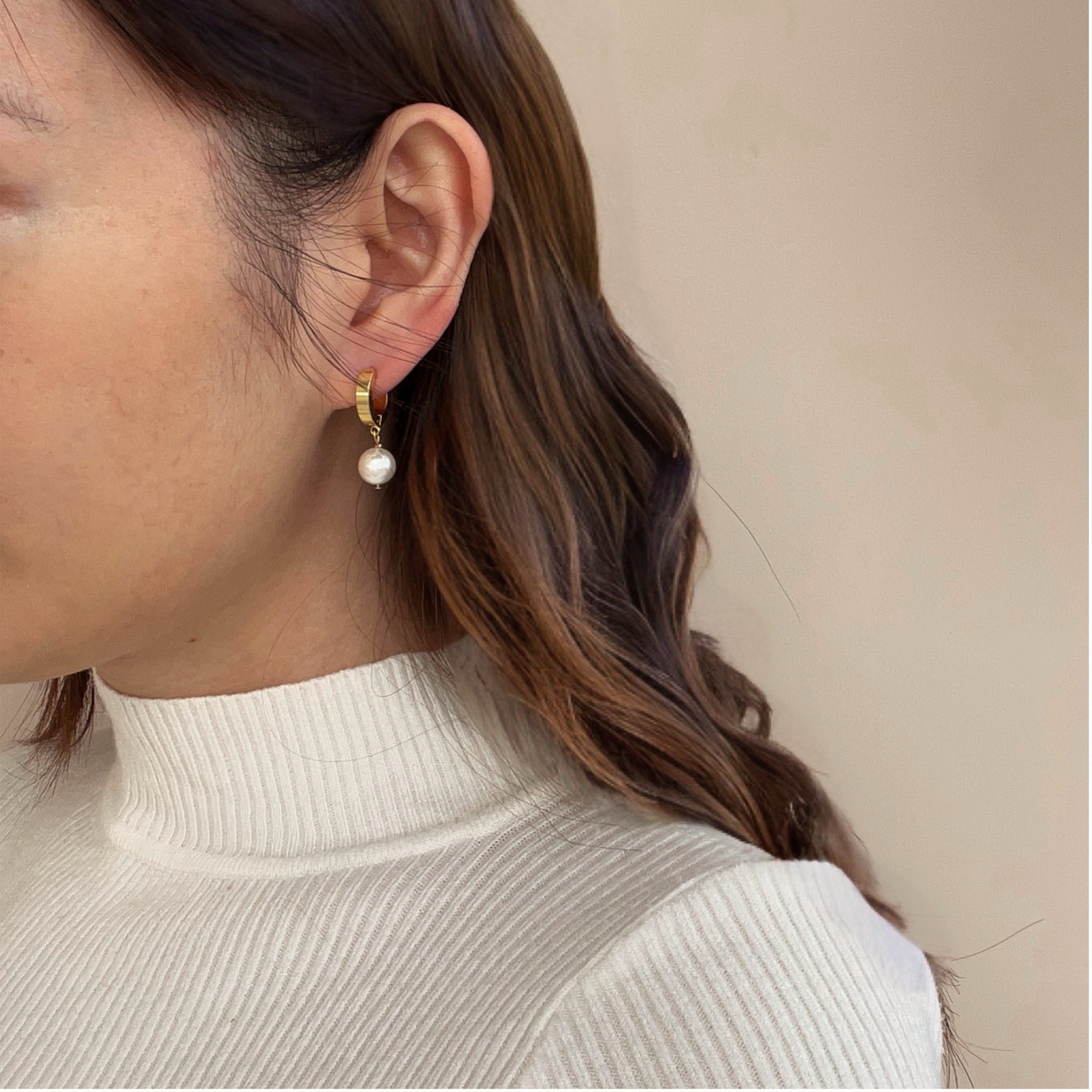 Stainless Steel Huggie Earrings with Pearl Charm