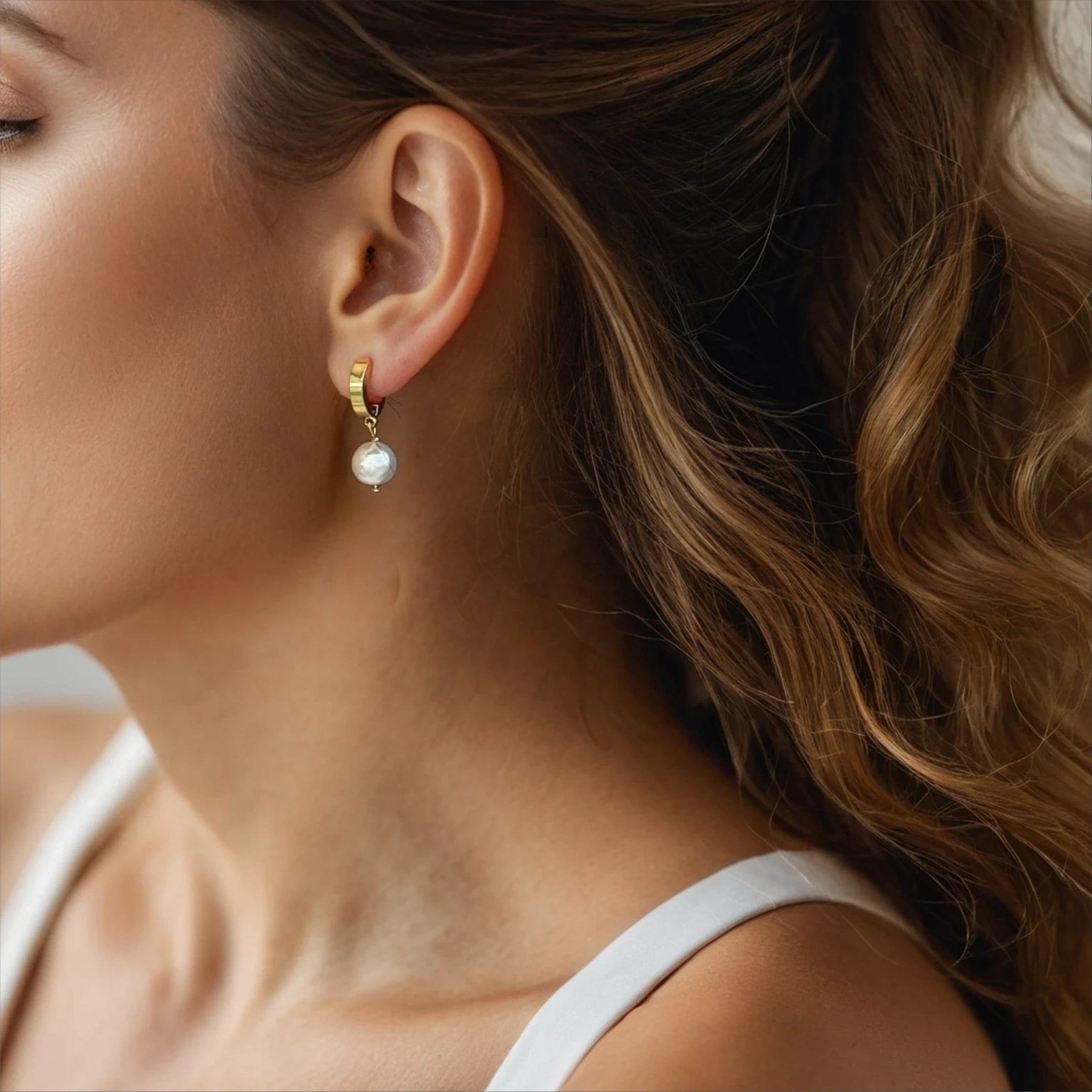 Stainless Steel Huggie Earrings with Pearl Charm