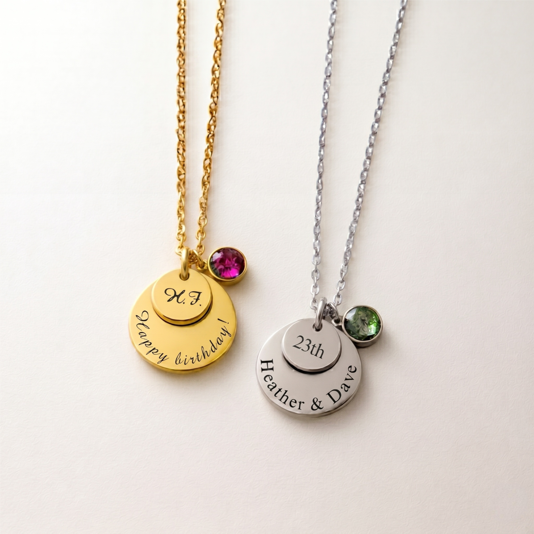 Engraved Double Disc Necklace with Birthstone