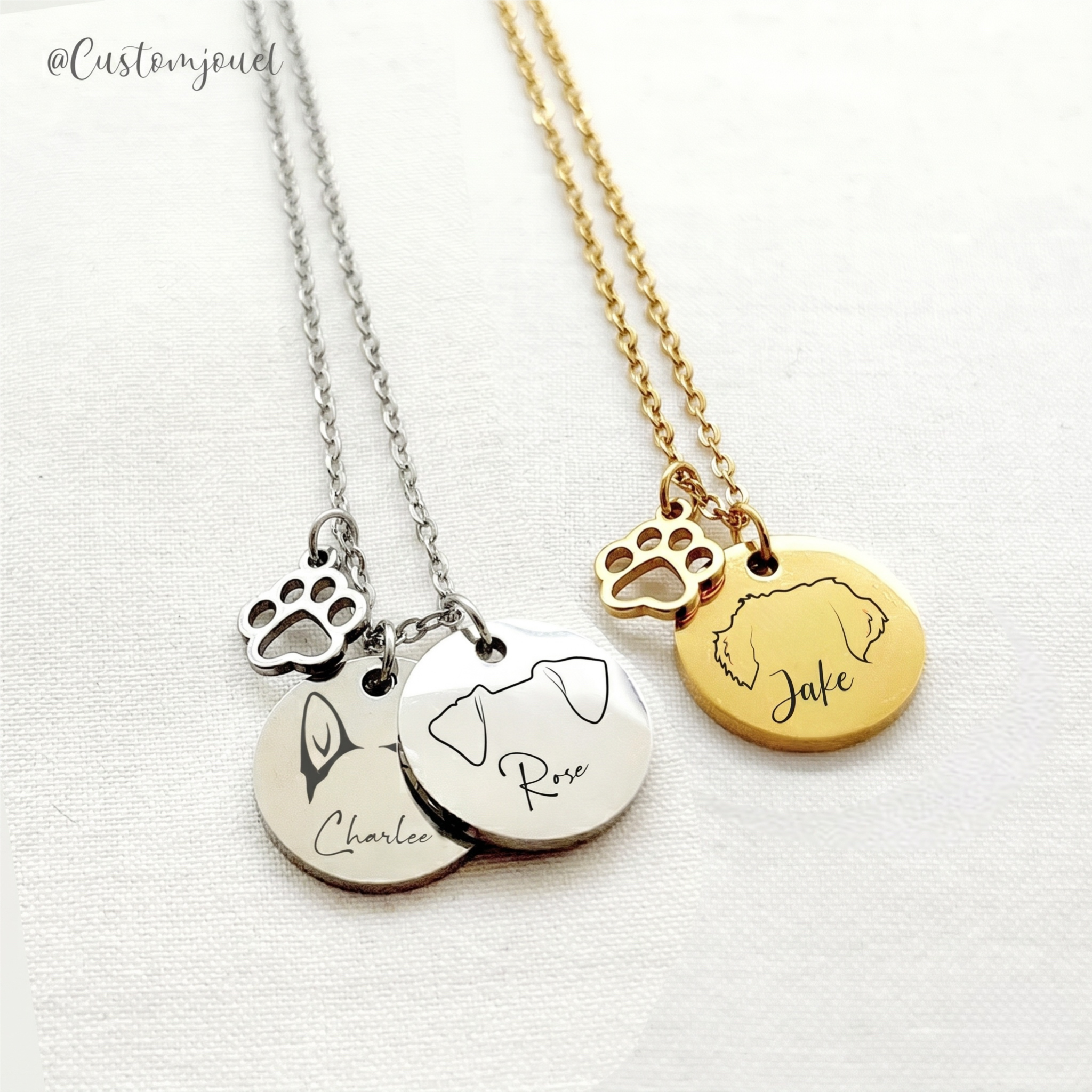 Dog Ears & Name Necklace with Paw Charm
