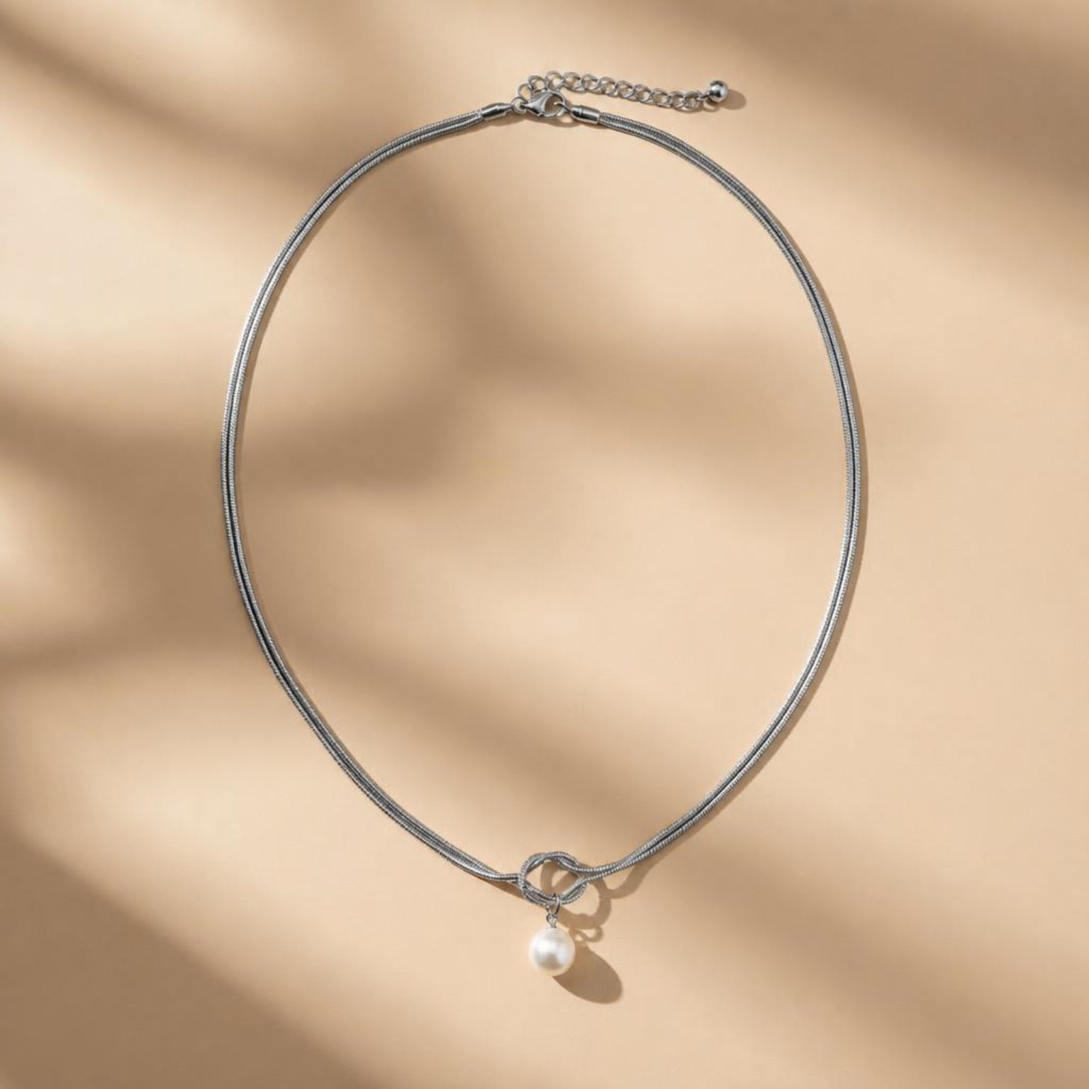 Intertwined Parallel Snake Chain Knot Necklace with 8mm Shell Pearl Drop