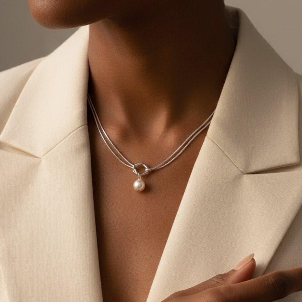 Intertwined Parallel Snake Chain Knot Necklace with 8mm Shell Pearl Drop