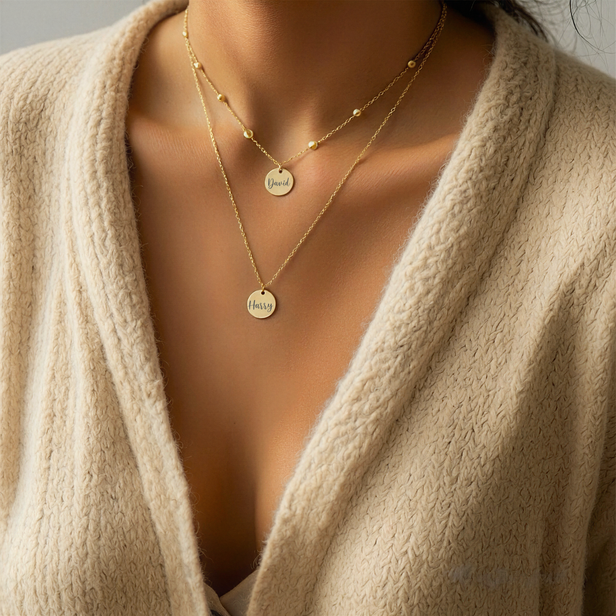 Engraved Double Disc Layer Necklace