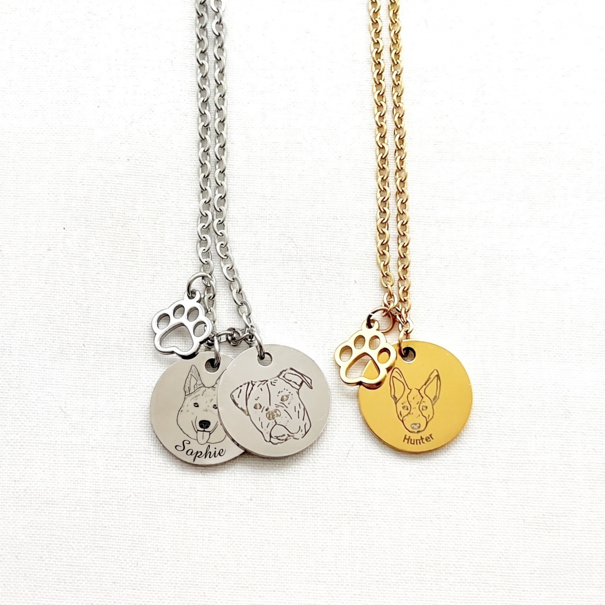 Dog Face & Name Necklace with Paw Charm