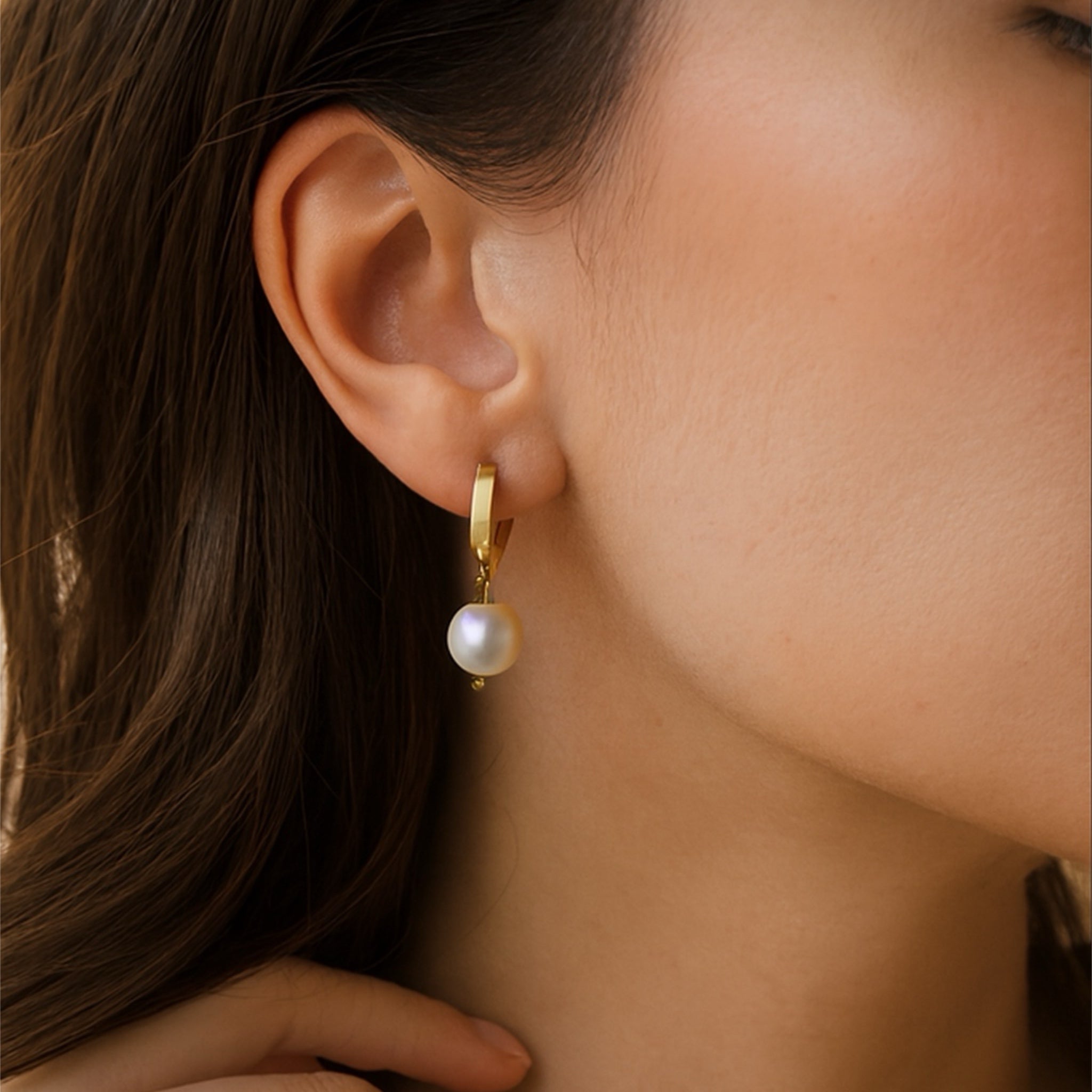 Stainless Steel Huggie Earrings with Pearl Charm