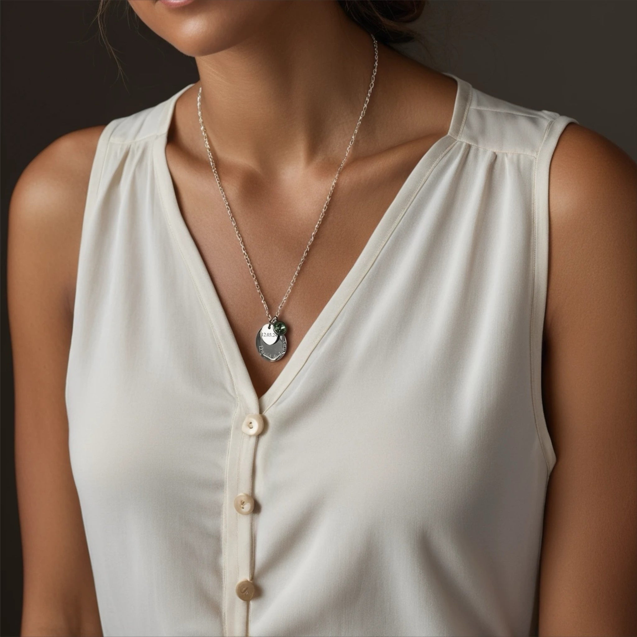 Engraved Double Disc Necklace with Birthstone