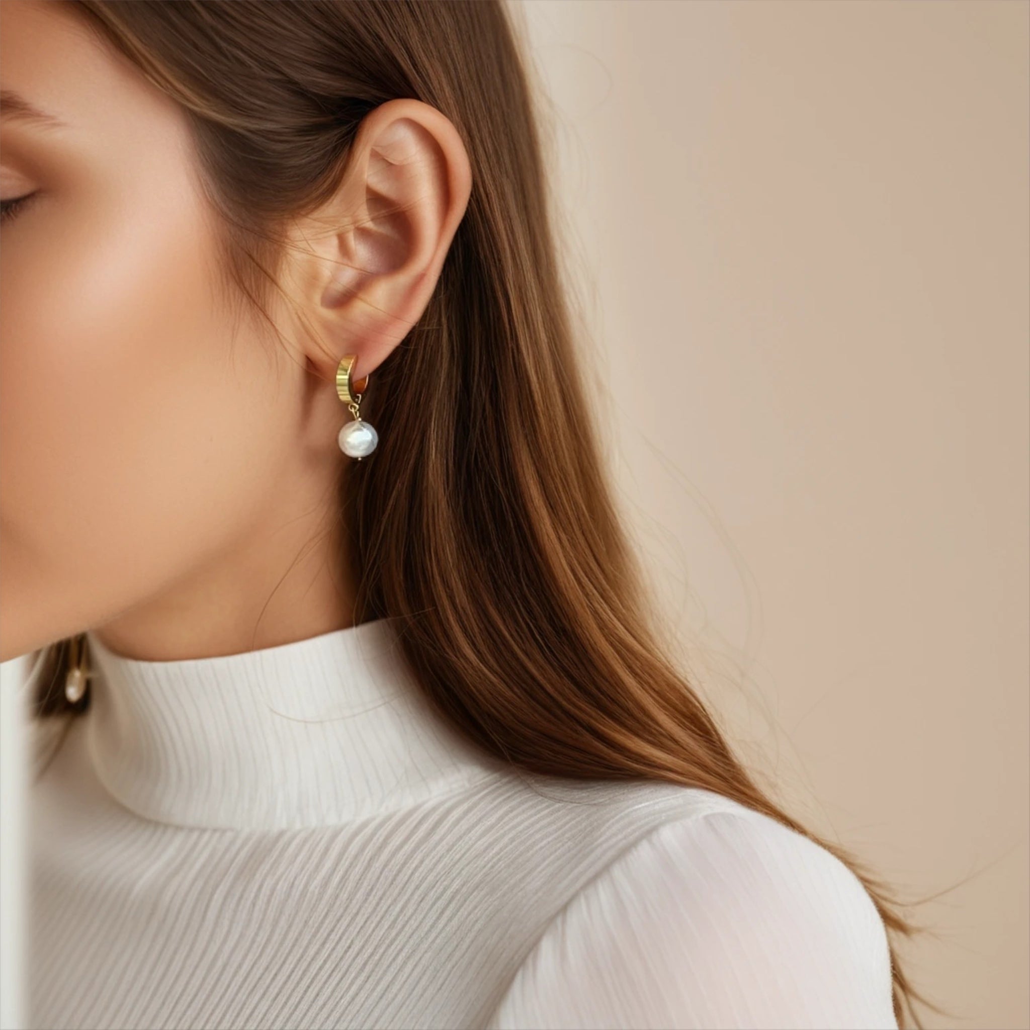 Stainless Steel Huggie Earrings with Pearl Charm