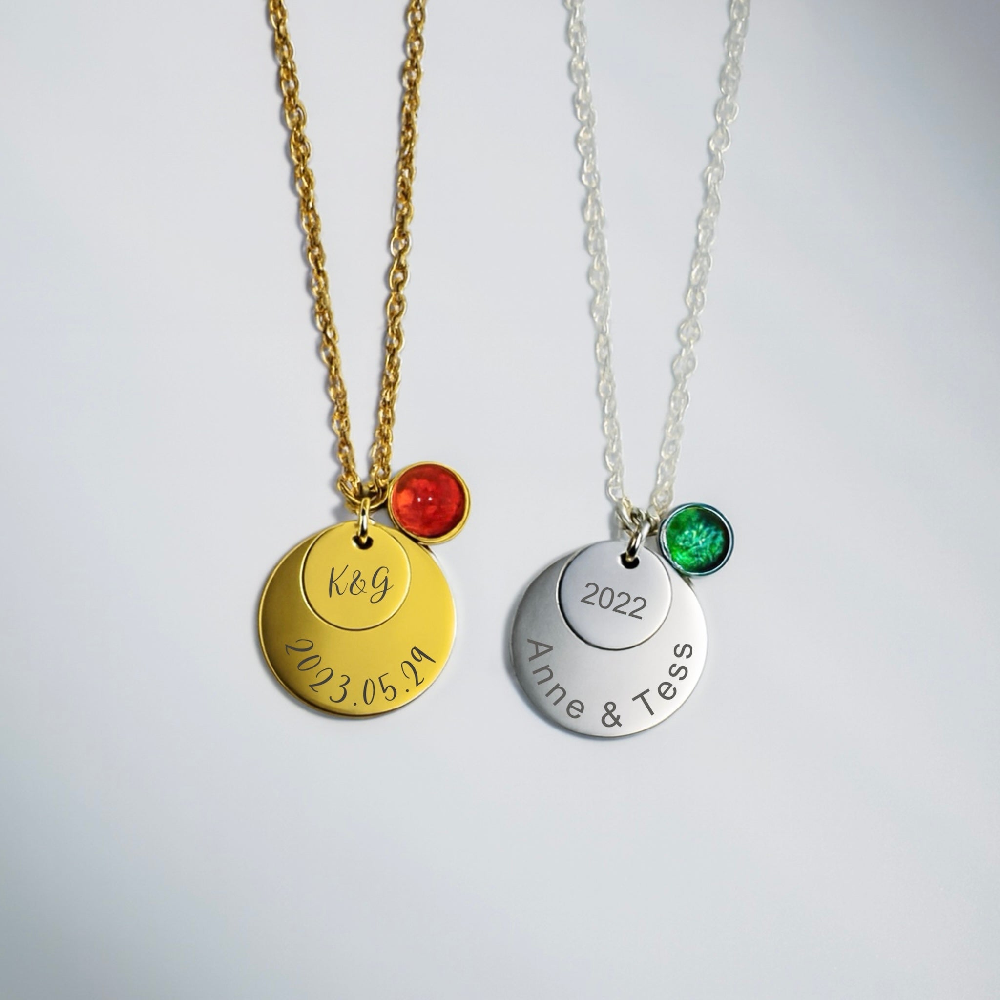 Engraved Double Disc Necklace with Birthstone