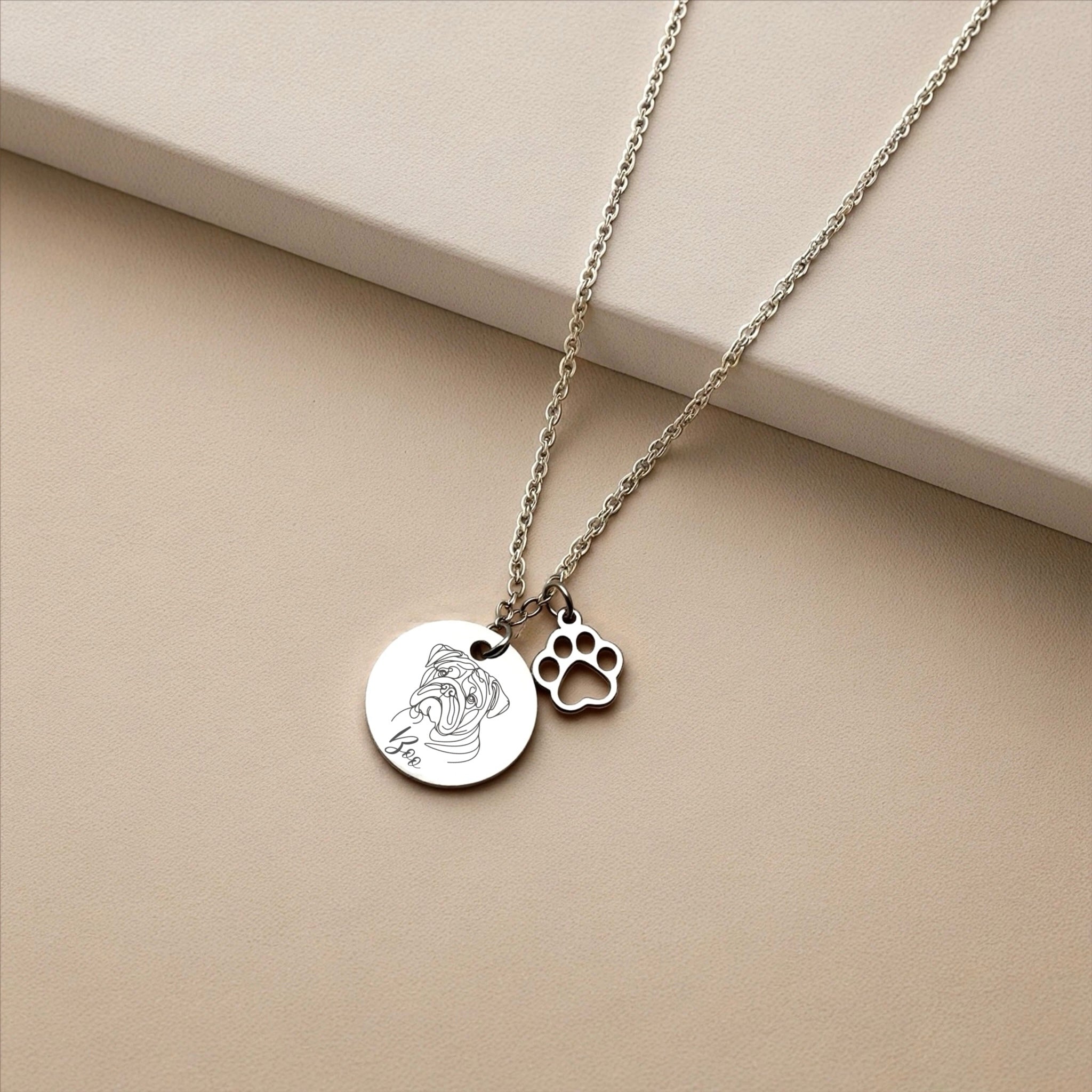 Artistic Dog Face & Name Necklace with Paw Charm
