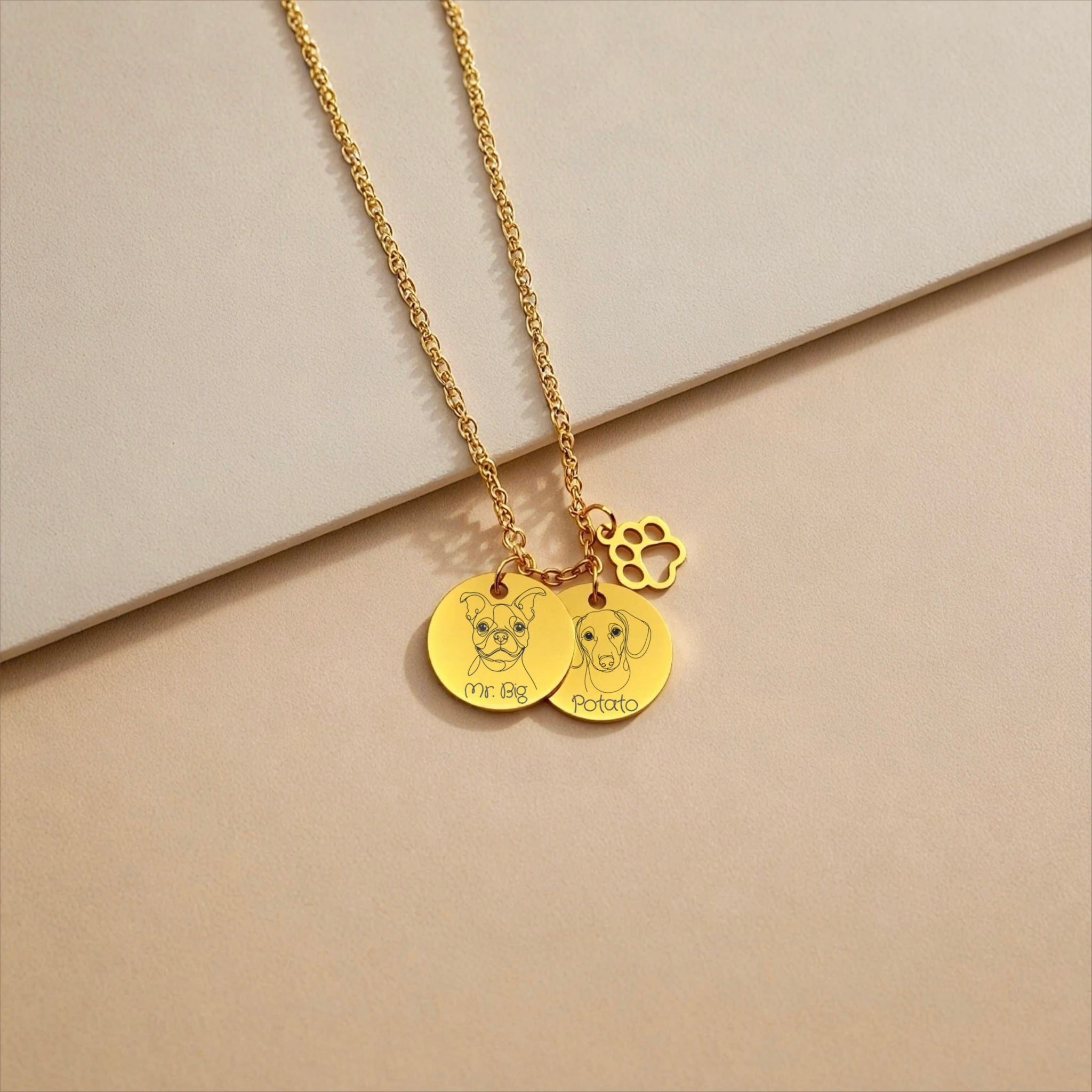Artistic Dog Face & Name Necklace with Paw Charm