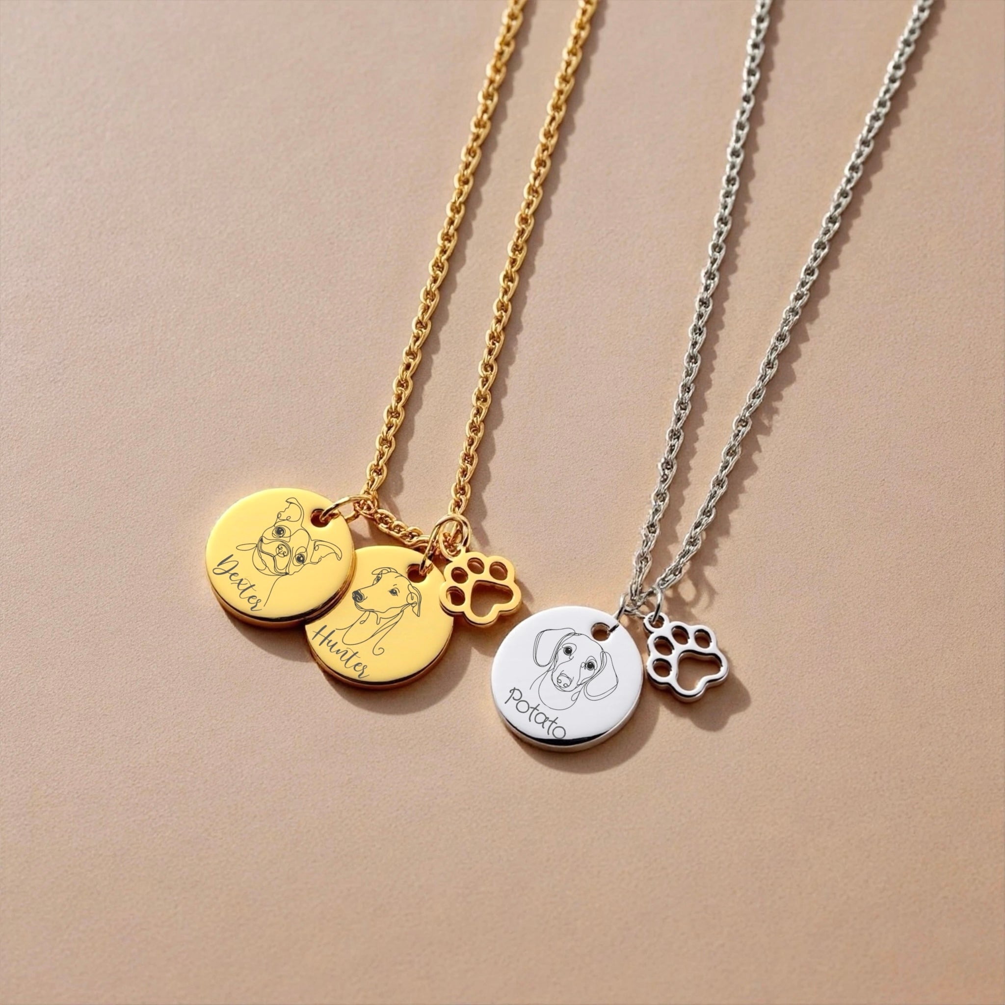 Artistic Dog Face & Name Necklace with Paw Charm