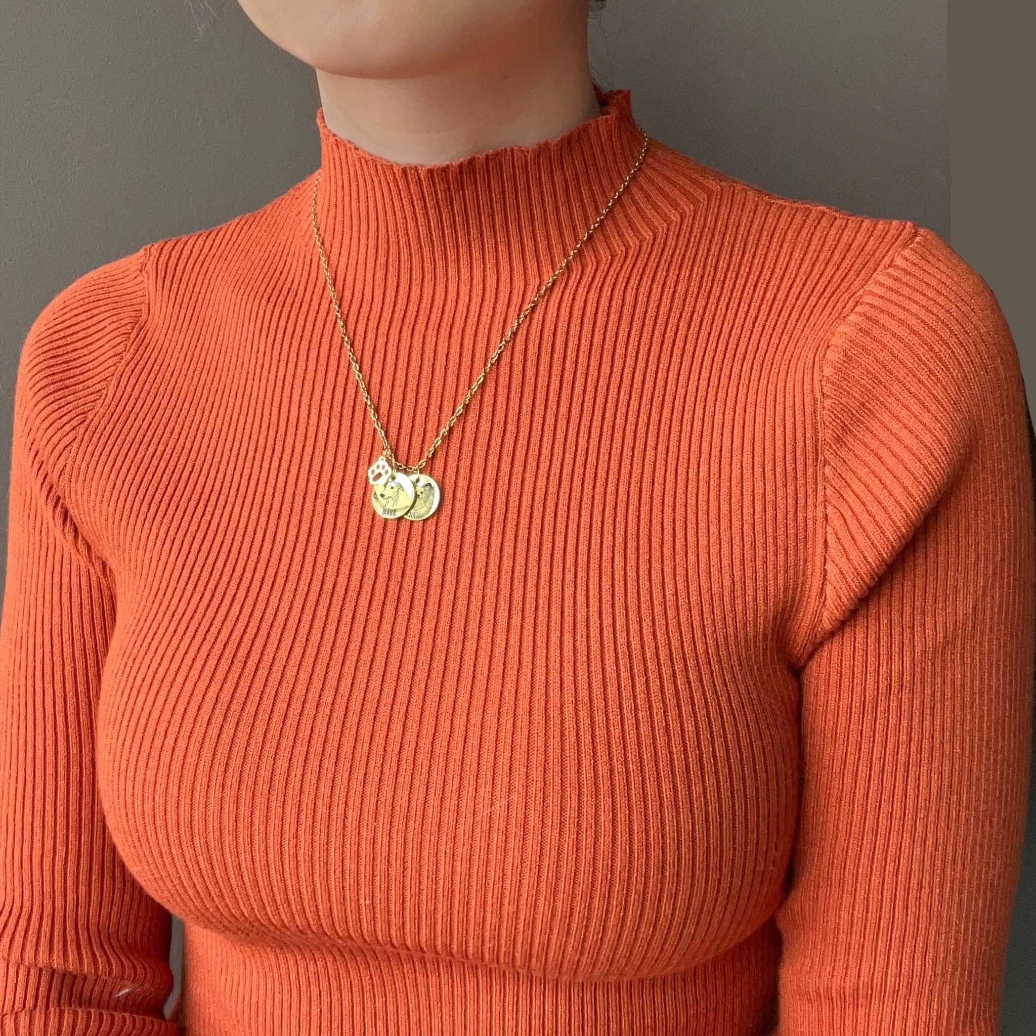 Artistic Dog Face & Name Necklace with Paw Charm