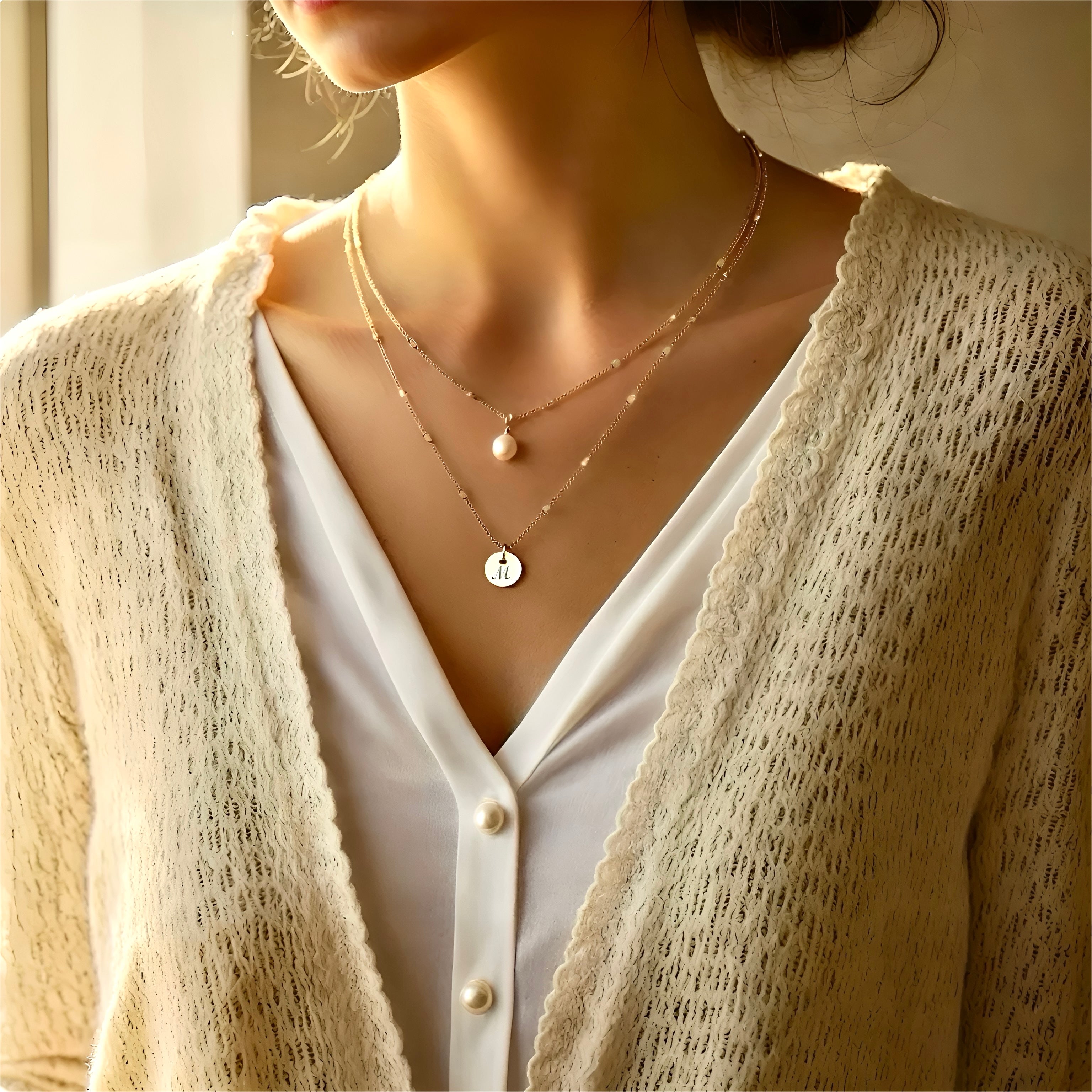 Custom Coin Chain Layer Necklace with Pearl Charm