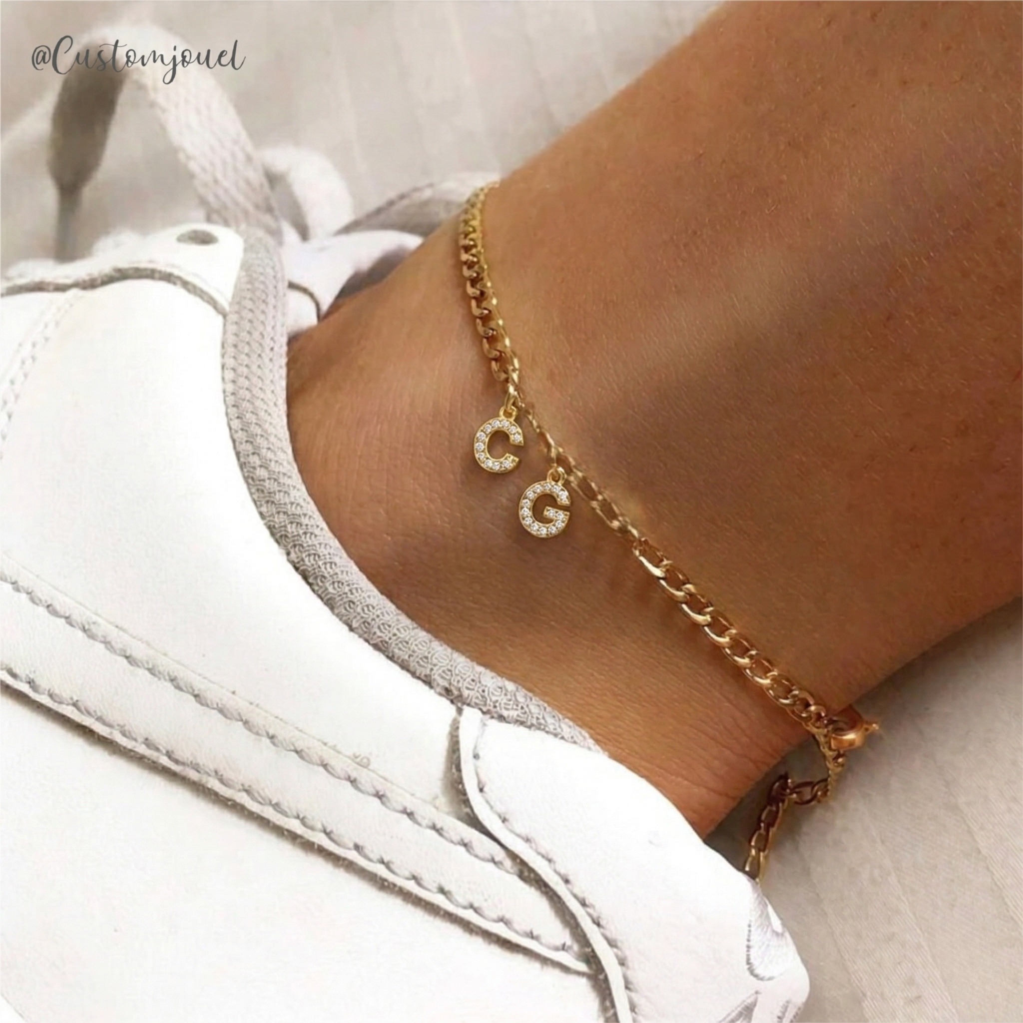 Multi Crystal Initial Curb Chain Anklet