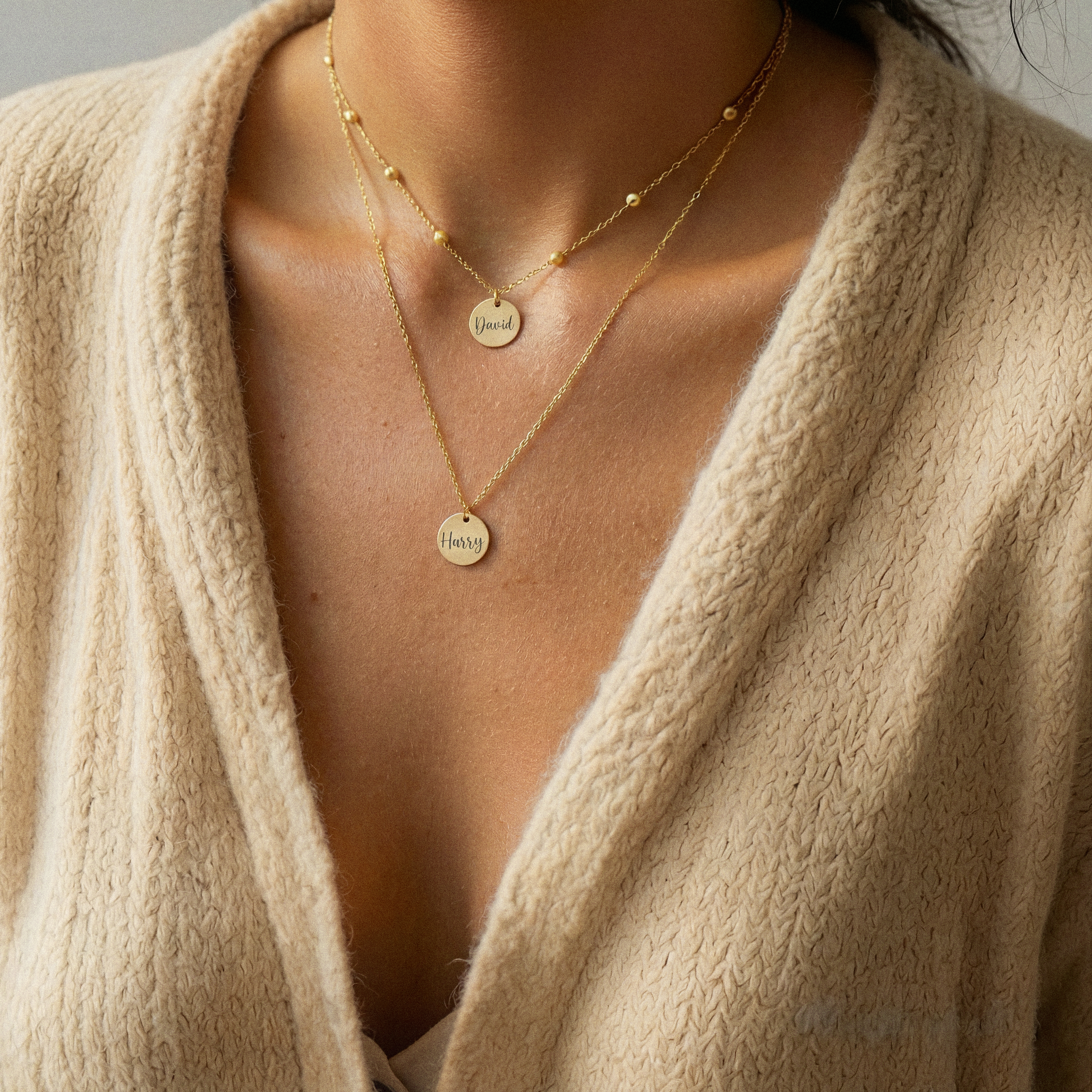 Engraved Double Disc Layer Necklace