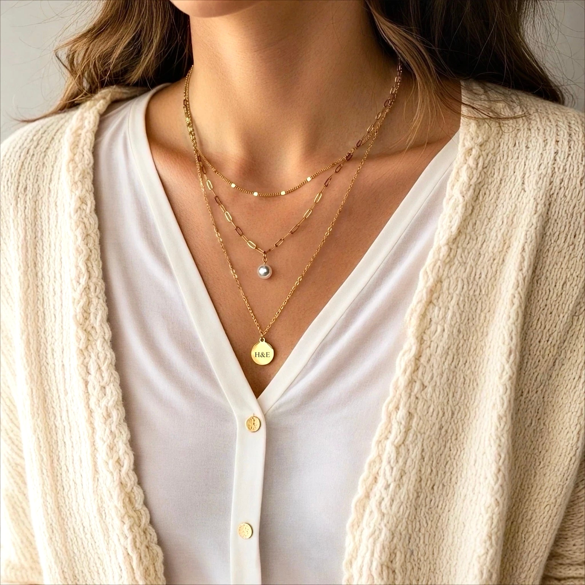 Custom Triple Layer Necklace with Pearl Charm