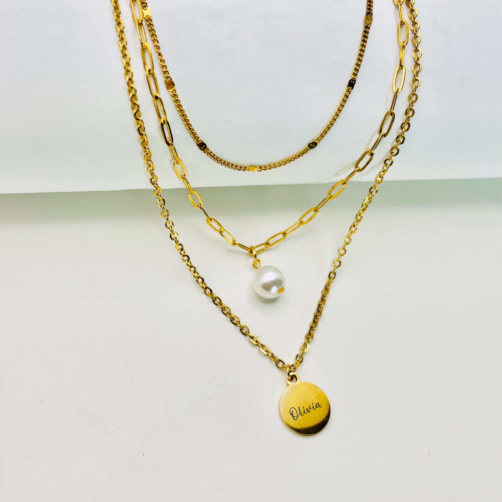 Custom Triple Layer Necklace with Pearl Charm