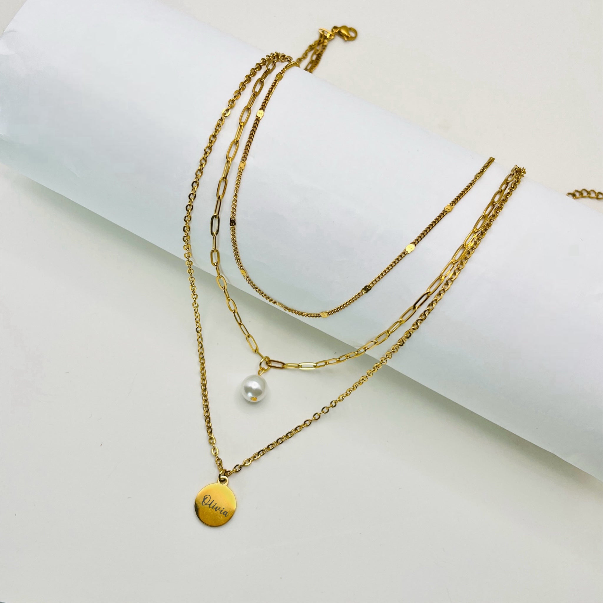 Custom Triple Layer Necklace with Pearl Charm
