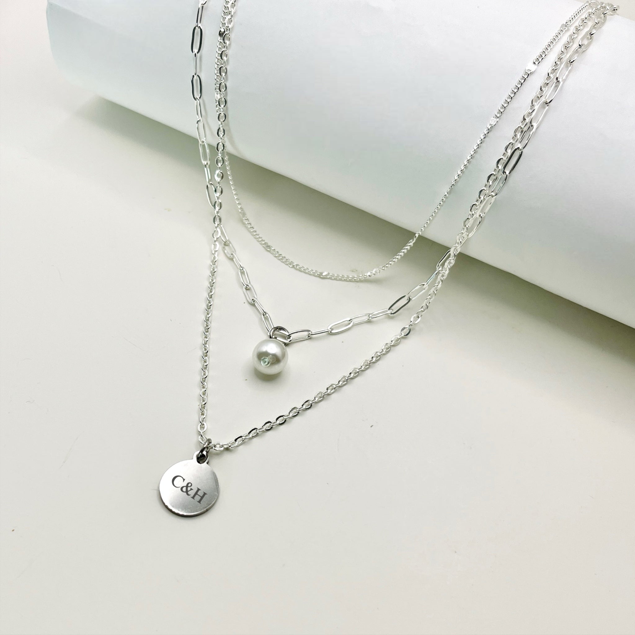 Custom Triple Layer Necklace with Pearl Charm