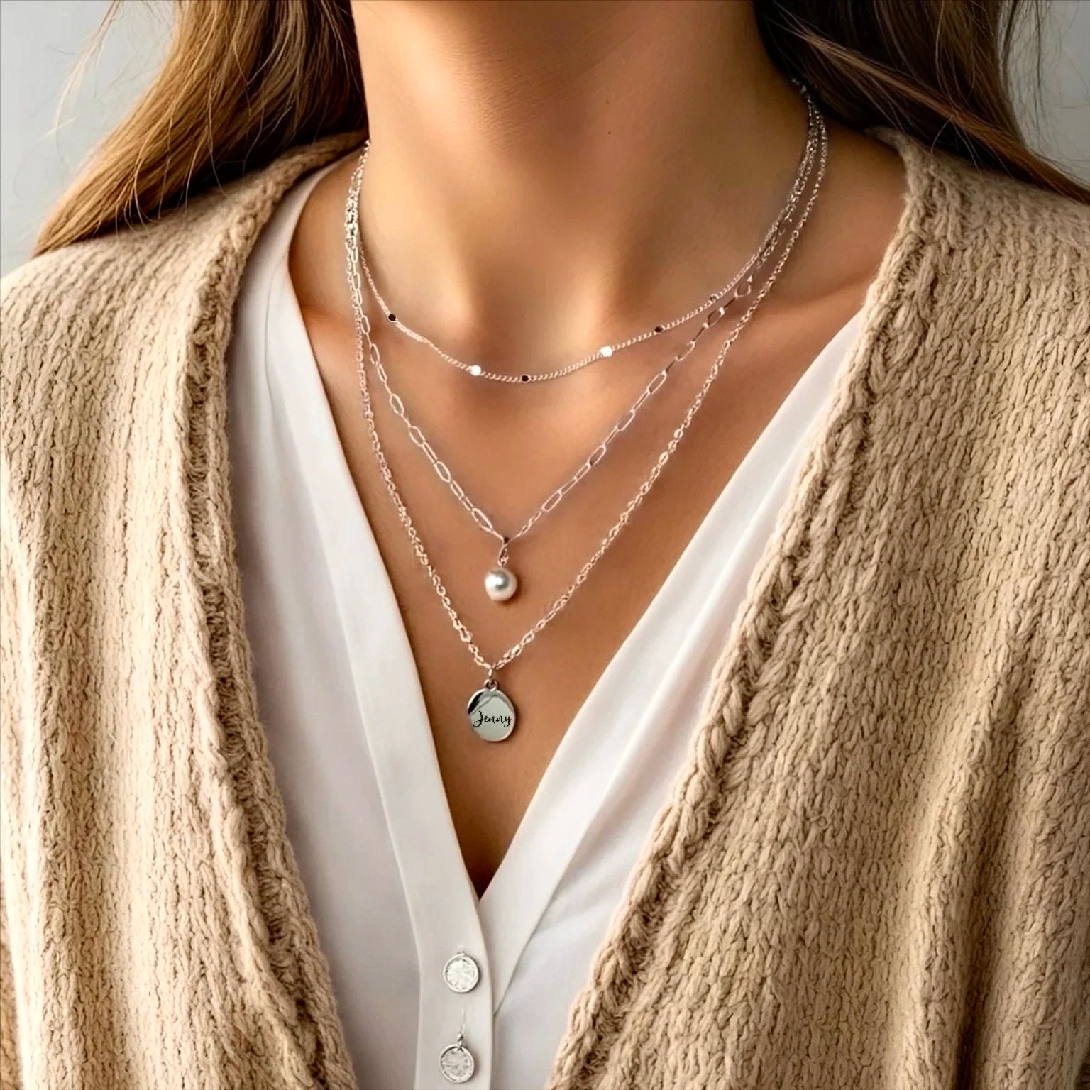 Custom Triple Layer Necklace with Pearl Charm